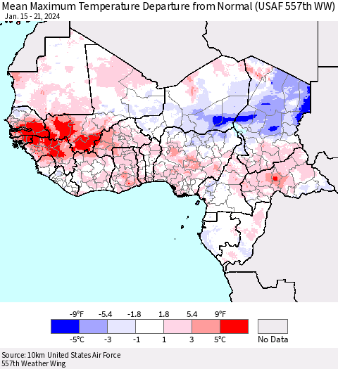 Western Africa Mean Maximum Temperature Departure from Normal (USAF 557th WW) Thematic Map For 1/15/2024 - 1/21/2024