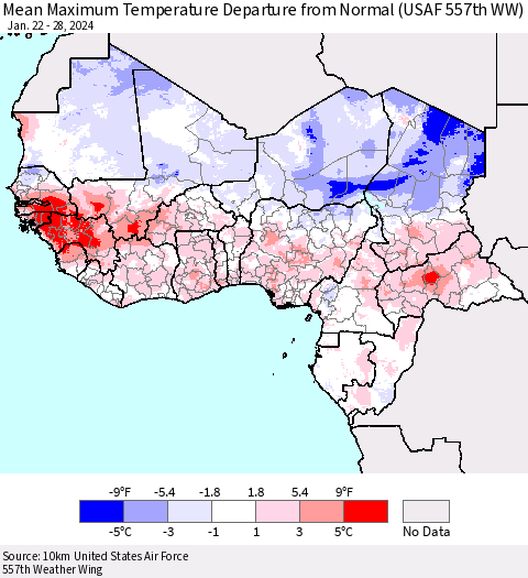 Western Africa Mean Maximum Temperature Departure from Normal (USAF 557th WW) Thematic Map For 1/22/2024 - 1/28/2024