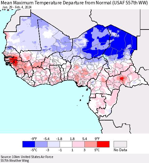 Western Africa Mean Maximum Temperature Departure from Normal (USAF 557th WW) Thematic Map For 1/29/2024 - 2/4/2024