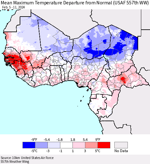 Western Africa Mean Maximum Temperature Departure from Normal (USAF 557th WW) Thematic Map For 2/5/2024 - 2/11/2024