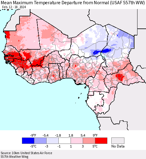 Western Africa Mean Maximum Temperature Departure from Normal (USAF 557th WW) Thematic Map For 2/12/2024 - 2/18/2024