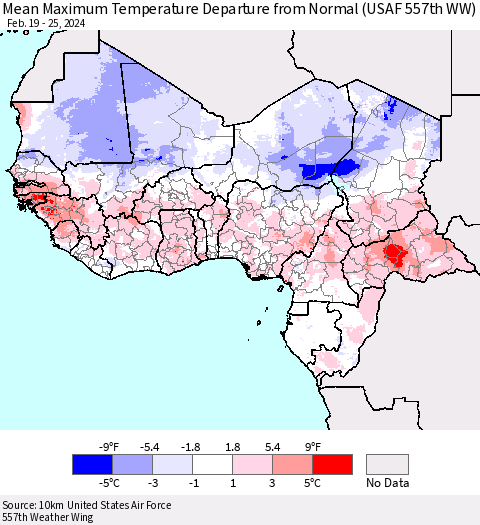 Western Africa Mean Maximum Temperature Departure from Normal (USAF 557th WW) Thematic Map For 2/19/2024 - 2/25/2024