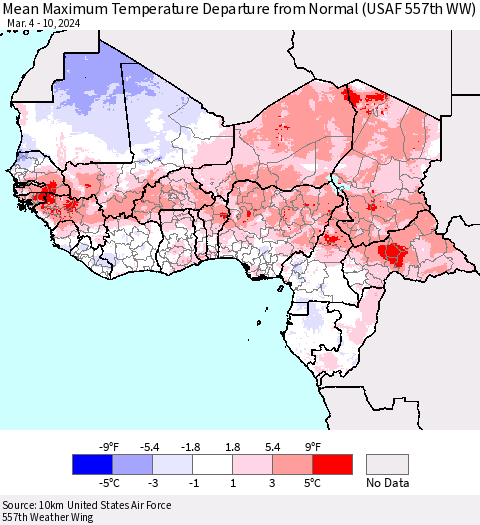 Western Africa Mean Maximum Temperature Departure from Normal (USAF 557th WW) Thematic Map For 3/4/2024 - 3/10/2024