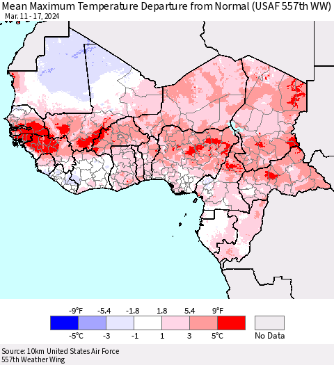 Western Africa Mean Maximum Temperature Departure from Normal (USAF 557th WW) Thematic Map For 3/11/2024 - 3/17/2024