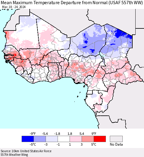 Western Africa Mean Maximum Temperature Departure from Normal (USAF 557th WW) Thematic Map For 3/18/2024 - 3/24/2024