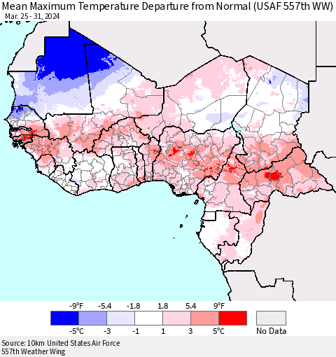 Western Africa Mean Maximum Temperature Departure from Normal (USAF 557th WW) Thematic Map For 3/25/2024 - 3/31/2024