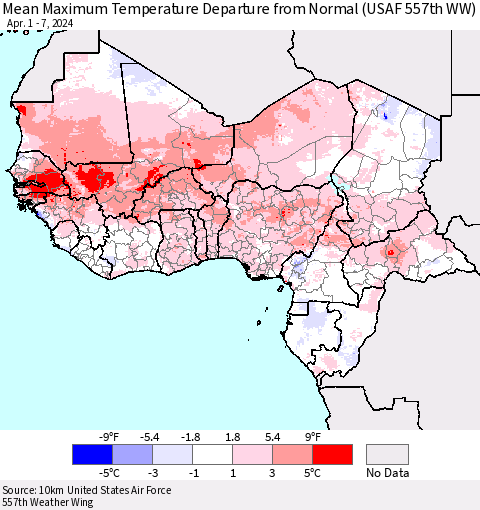 Western Africa Mean Maximum Temperature Departure from Normal (USAF 557th WW) Thematic Map For 4/1/2024 - 4/7/2024