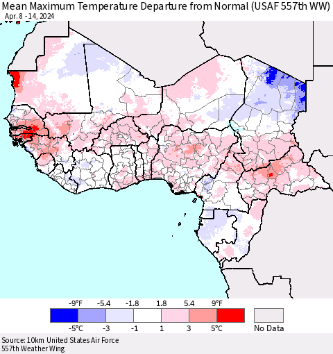 Western Africa Mean Maximum Temperature Departure from Normal (USAF 557th WW) Thematic Map For 4/8/2024 - 4/14/2024