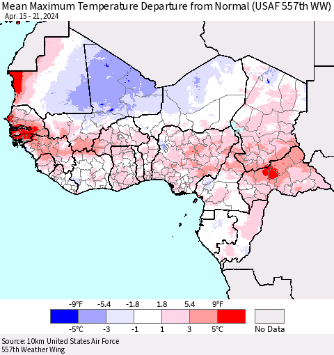 Western Africa Mean Maximum Temperature Departure from Normal (USAF 557th WW) Thematic Map For 4/15/2024 - 4/21/2024