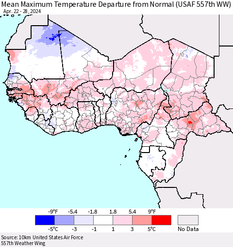 Western Africa Mean Maximum Temperature Departure from Normal (USAF 557th WW) Thematic Map For 4/22/2024 - 4/28/2024