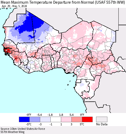 Western Africa Mean Maximum Temperature Departure from Normal (USAF 557th WW) Thematic Map For 4/29/2024 - 5/5/2024