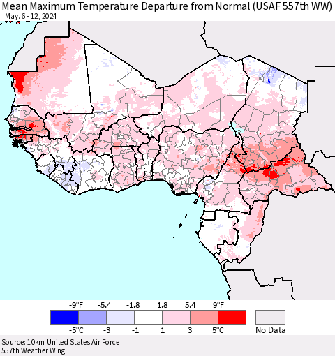 Western Africa Mean Maximum Temperature Departure from Normal (USAF 557th WW) Thematic Map For 5/6/2024 - 5/12/2024