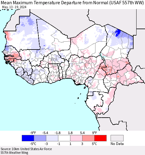 Western Africa Mean Maximum Temperature Departure from Normal (USAF 557th WW) Thematic Map For 5/13/2024 - 5/19/2024