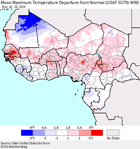 Western Africa Mean Maximum Temperature Departure from Normal (USAF 557th WW) Thematic Map For 5/20/2024 - 5/26/2024