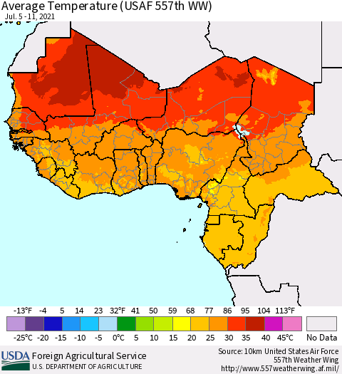 Western Africa Average Temperature (USAF 557th WW) Thematic Map For 7/5/2021 - 7/11/2021