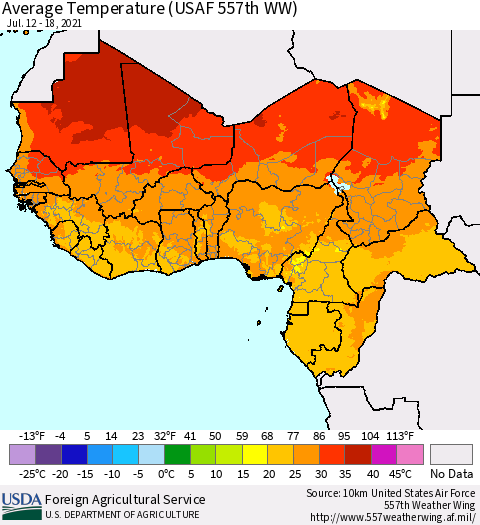 Western Africa Average Temperature (USAF 557th WW) Thematic Map For 7/12/2021 - 7/18/2021