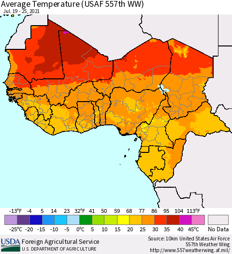 Western Africa Average Temperature (USAF 557th WW) Thematic Map For 7/19/2021 - 7/25/2021