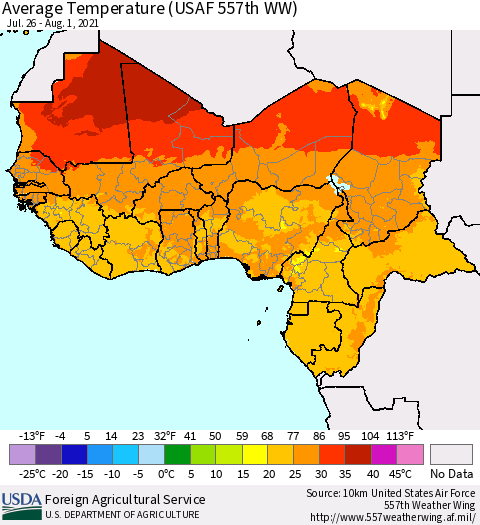 Western Africa Average Temperature (USAF 557th WW) Thematic Map For 7/26/2021 - 8/1/2021