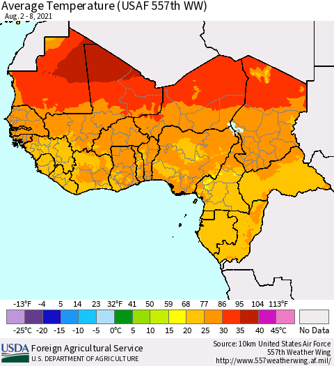 Western Africa Average Temperature (USAF 557th WW) Thematic Map For 8/2/2021 - 8/8/2021