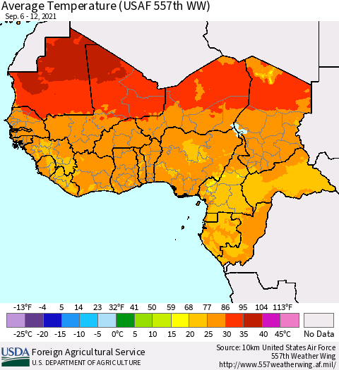 Western Africa Average Temperature (USAF 557th WW) Thematic Map For 9/6/2021 - 9/12/2021