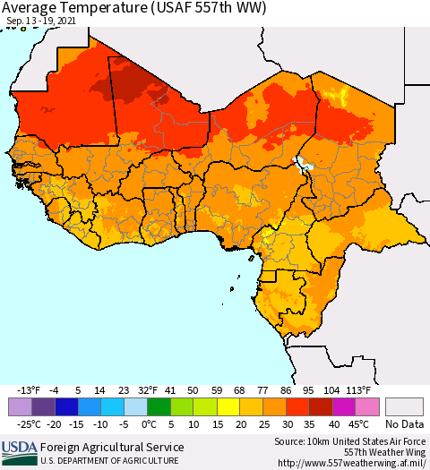 Western Africa Average Temperature (USAF 557th WW) Thematic Map For 9/13/2021 - 9/19/2021