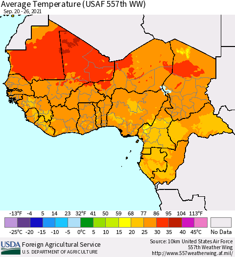 Western Africa Average Temperature (USAF 557th WW) Thematic Map For 9/20/2021 - 9/26/2021