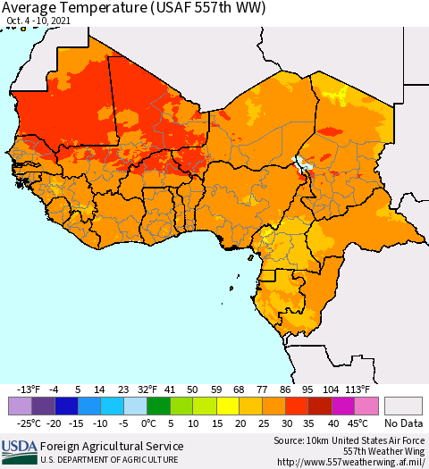 Western Africa Average Temperature (USAF 557th WW) Thematic Map For 10/4/2021 - 10/10/2021