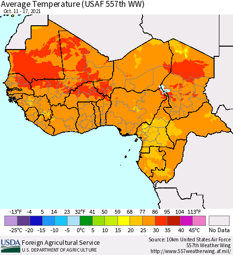 Western Africa Average Temperature (USAF 557th WW) Thematic Map For 10/11/2021 - 10/17/2021