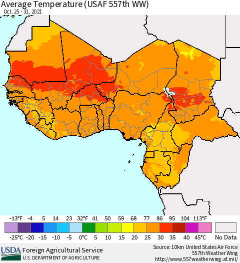 Western Africa Average Temperature (USAF 557th WW) Thematic Map For 10/25/2021 - 10/31/2021