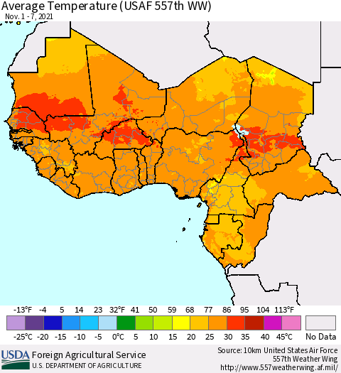 Western Africa Average Temperature (USAF 557th WW) Thematic Map For 11/1/2021 - 11/7/2021