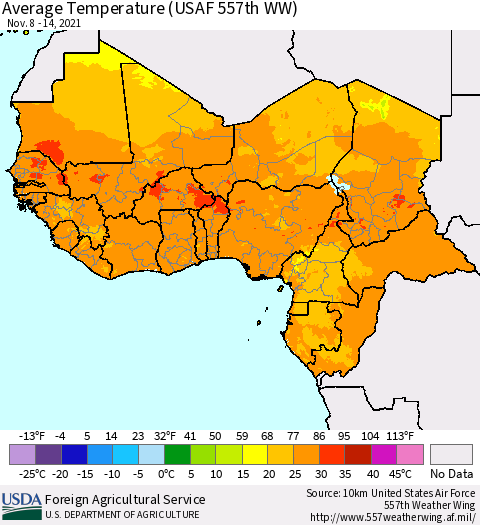 Western Africa Average Temperature (USAF 557th WW) Thematic Map For 11/8/2021 - 11/14/2021