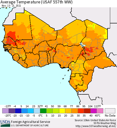 Western Africa Average Temperature (USAF 557th WW) Thematic Map For 11/15/2021 - 11/21/2021