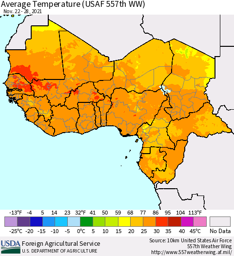 Western Africa Average Temperature (USAF 557th WW) Thematic Map For 11/22/2021 - 11/28/2021