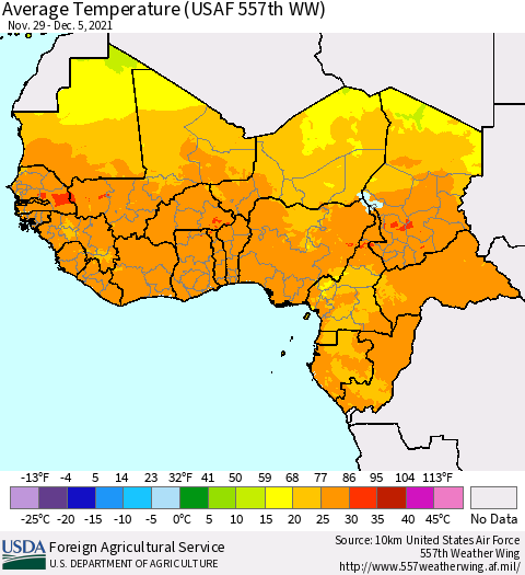 Western Africa Average Temperature (USAF 557th WW) Thematic Map For 11/29/2021 - 12/5/2021