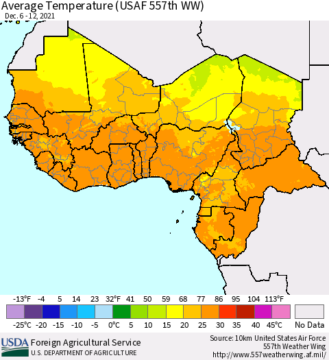 Western Africa Average Temperature (USAF 557th WW) Thematic Map For 12/6/2021 - 12/12/2021