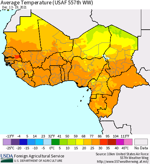 Western Africa Average Temperature (USAF 557th WW) Thematic Map For 12/13/2021 - 12/19/2021