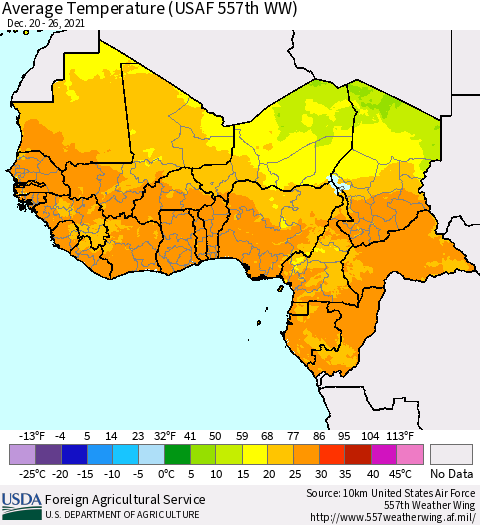 Western Africa Average Temperature (USAF 557th WW) Thematic Map For 12/20/2021 - 12/26/2021