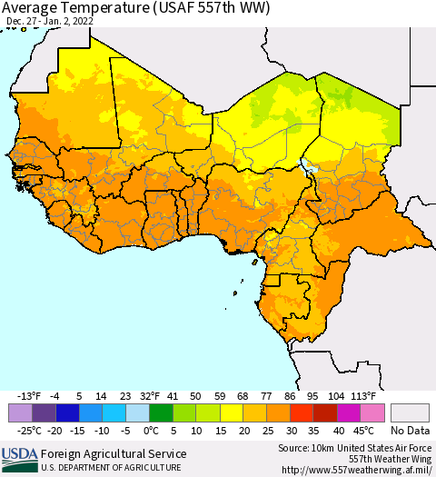 Western Africa Average Temperature (USAF 557th WW) Thematic Map For 12/27/2021 - 1/2/2022