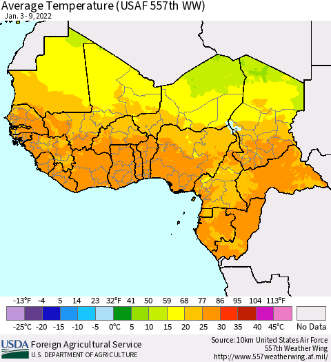 Western Africa Average Temperature (USAF 557th WW) Thematic Map For 1/3/2022 - 1/9/2022