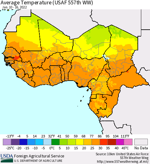 Western Africa Average Temperature (USAF 557th WW) Thematic Map For 1/10/2022 - 1/16/2022