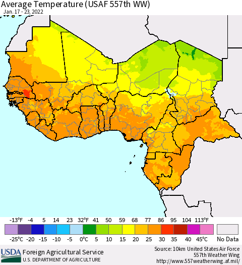 Western Africa Average Temperature (USAF 557th WW) Thematic Map For 1/17/2022 - 1/23/2022