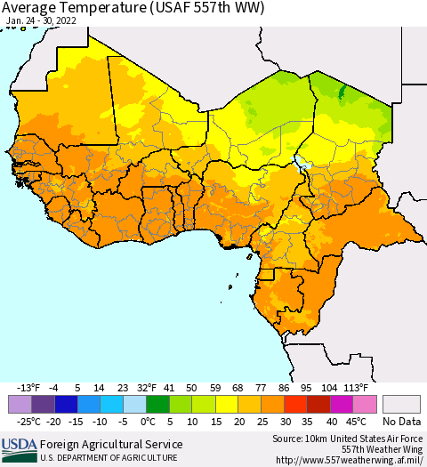 Western Africa Average Temperature (USAF 557th WW) Thematic Map For 1/24/2022 - 1/30/2022