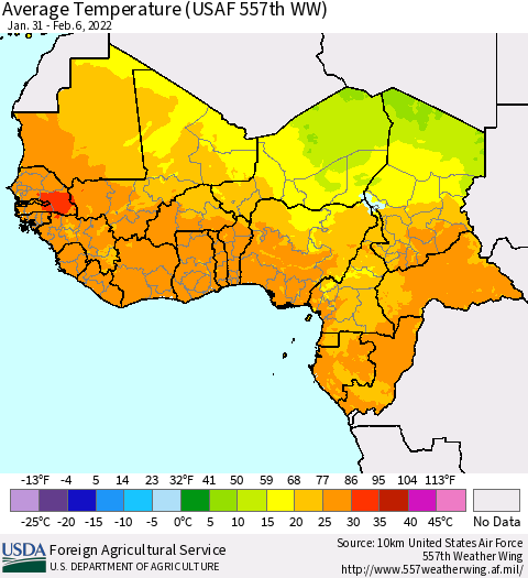 Western Africa Average Temperature (USAF 557th WW) Thematic Map For 1/31/2022 - 2/6/2022