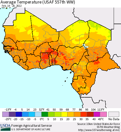 Western Africa Average Temperature (USAF 557th WW) Thematic Map For 2/14/2022 - 2/20/2022