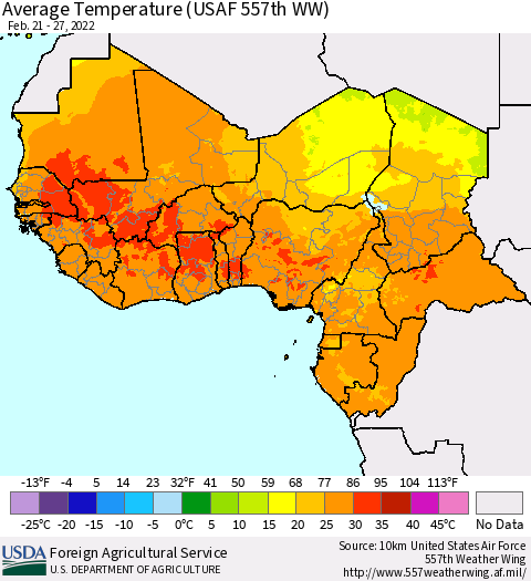 Western Africa Average Temperature (USAF 557th WW) Thematic Map For 2/21/2022 - 2/27/2022
