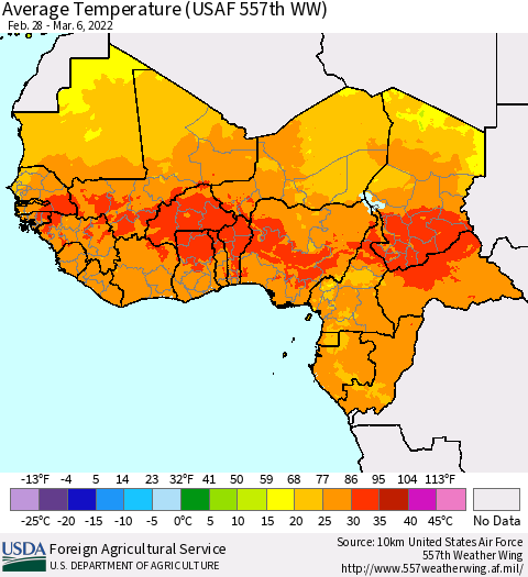 Western Africa Average Temperature (USAF 557th WW) Thematic Map For 2/28/2022 - 3/6/2022
