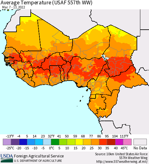 Western Africa Average Temperature (USAF 557th WW) Thematic Map For 3/7/2022 - 3/13/2022
