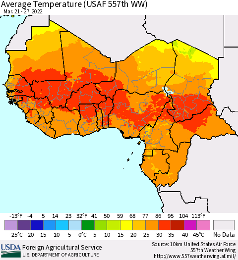 Western Africa Average Temperature (USAF 557th WW) Thematic Map For 3/21/2022 - 3/27/2022