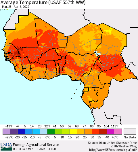 Western Africa Average Temperature (USAF 557th WW) Thematic Map For 3/28/2022 - 4/3/2022