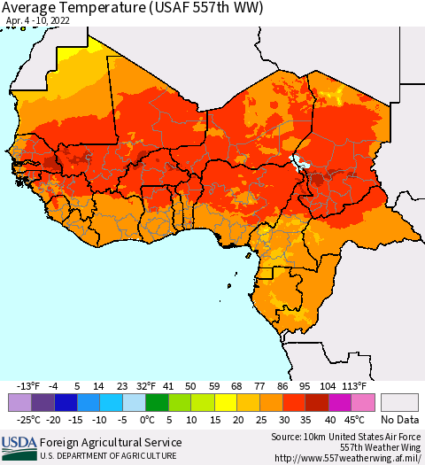 Western Africa Average Temperature (USAF 557th WW) Thematic Map For 4/4/2022 - 4/10/2022